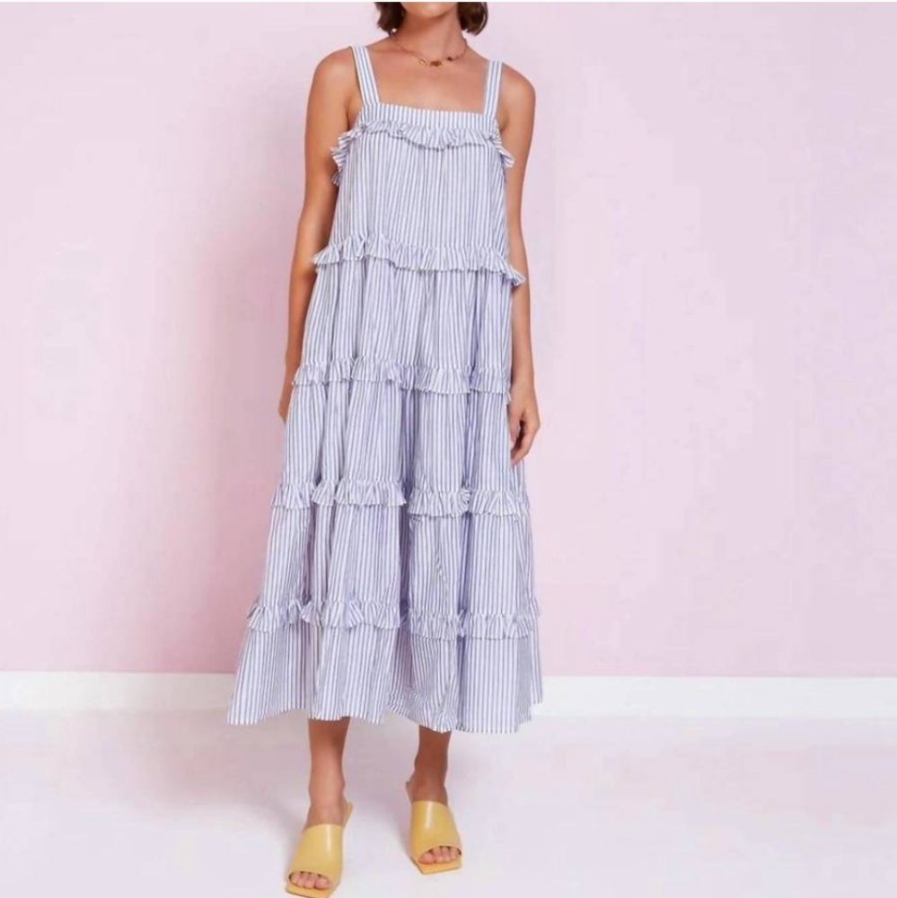 Magali Pascal Antonia Blue Tiered Stripe Maxi Dress Size XS